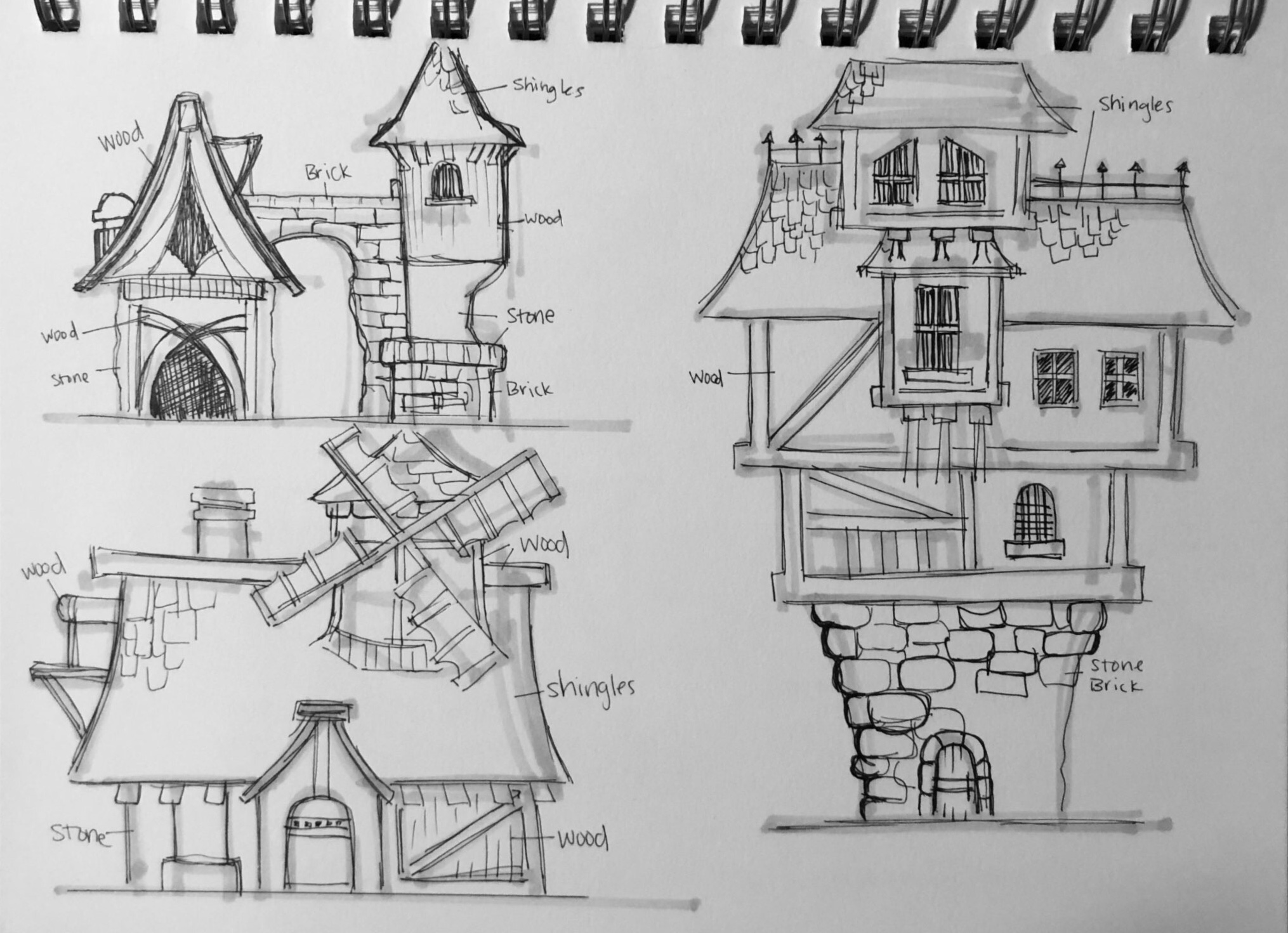 architectural building sketches with material annotations