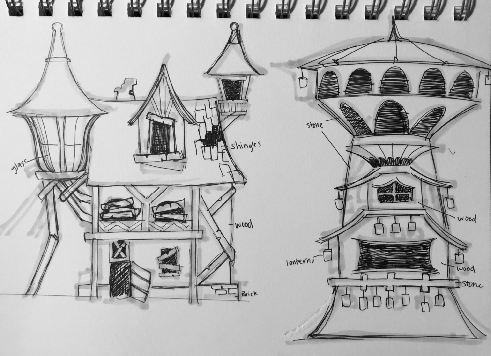more architectural building sketches including a windmill and townhouse
