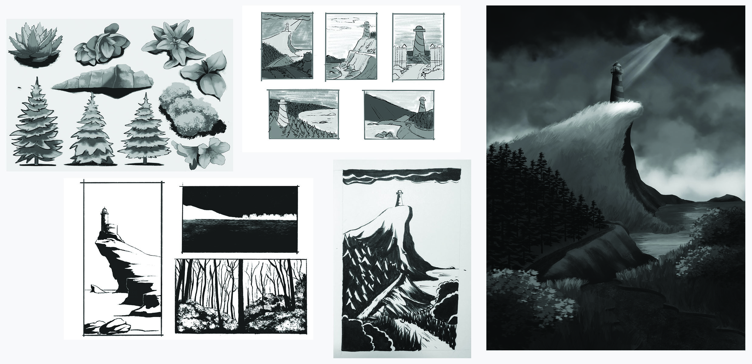 nature and landscape studies including a lighthouse scene