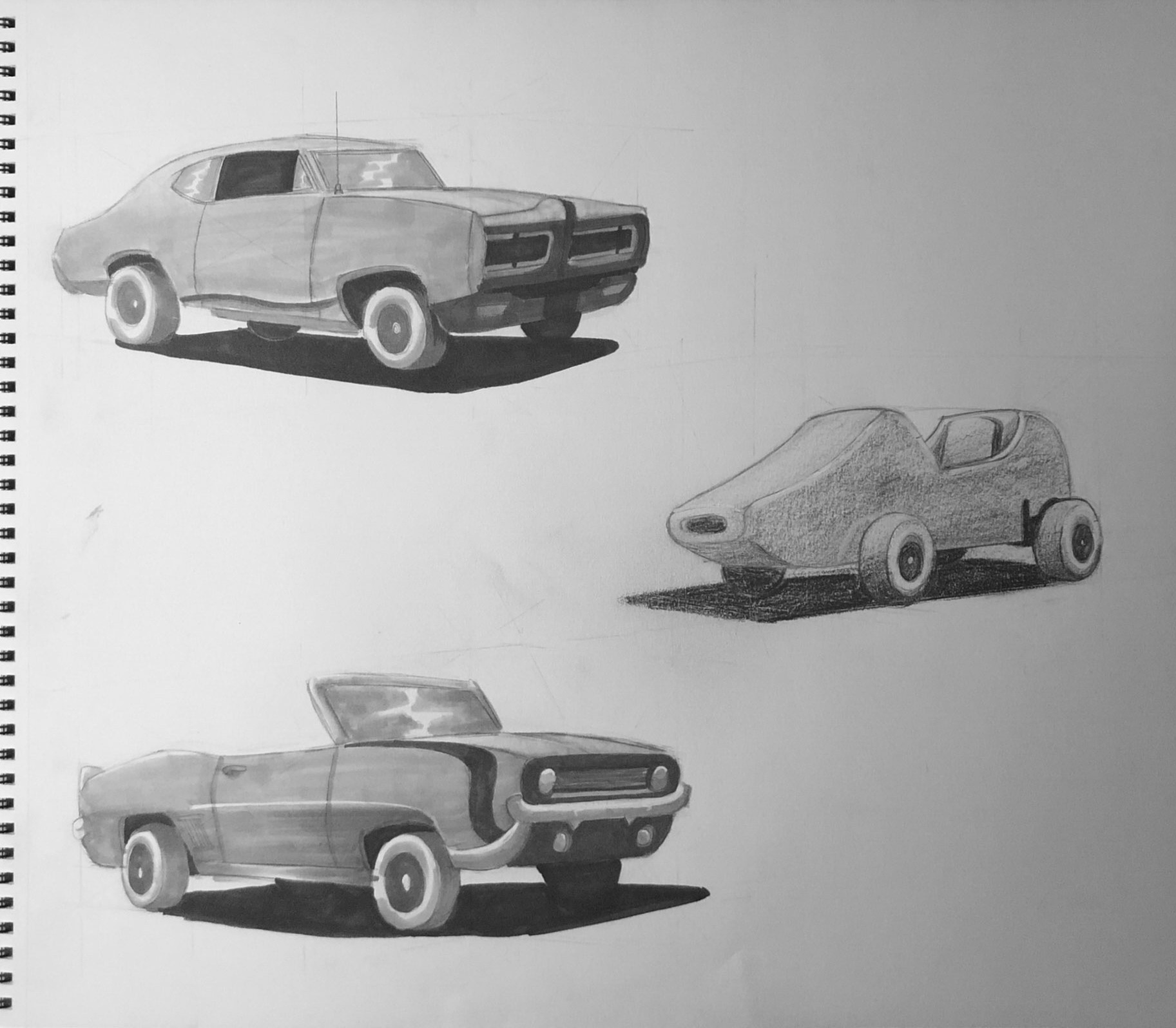 traditional sketchbook drawings of cars